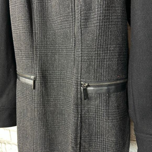 Michael Kors Coat Wool Plaid Asymmetrical Zip Hooded Neutral Preppy Black Gray 4 - Picture 7 of 11
